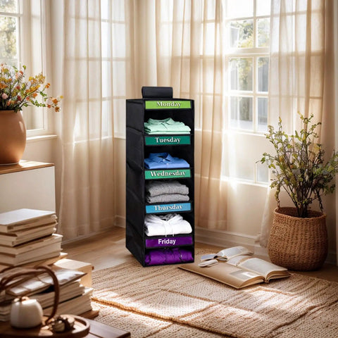 Kids Five Shelf Hanging Closet Organizer With Weekday Dividers in black, displayed in a bright room with sorted clothes for easy access.