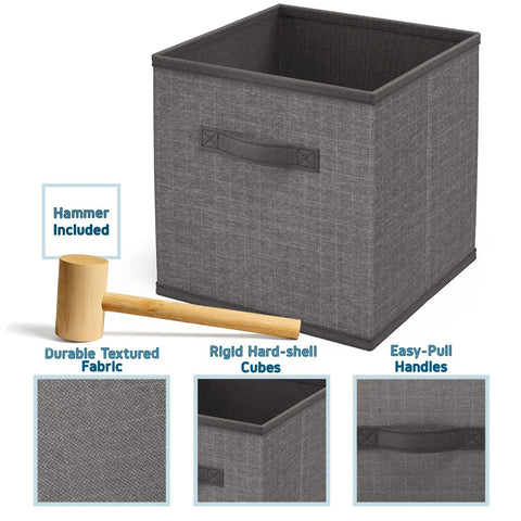 Six Cube Storage Organizer With Fabric Bins, Durable Grey Cube Shelves, DIY Modular Organizer with fabric bin and assembly hammer