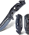 Pocket Folding Knife With 3D Skull Embossed Handle And Razor Sharp 440 Stainless Steel Blade, open and closed views