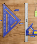 Pro Level Combination Square Set Featuring Heavy Duty Aluminum Zinc Construction With Dual Scale Layout Ruler For Badass Woodworking Shops And Precise Machining Layouts Daily on wooden surface, showing 7" and 12" angles.