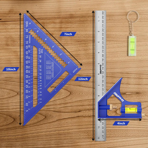 Pro Level Combination Square Set Featuring Heavy Duty Aluminum Zinc Construction With Dual Scale Layout Ruler For Badass Woodworking Shops And Precise Machining Layouts Daily on wooden surface, showing 7" and 12" angles.
