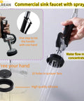 Commercial Sink Faucet With Sprayer And Pre Rinse Wall Mount 8 Inch Center showing sprayer and concentrated water flow