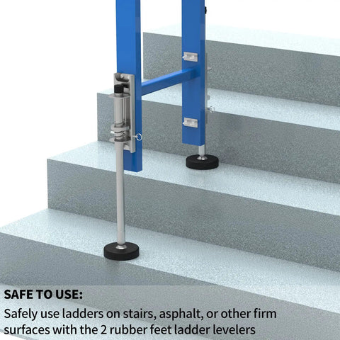 Pair Of Adjustable Ladder Levelers With Anti Slip Steel Poles For Stable Grounding And Platform On All Surfaces installed on stairs