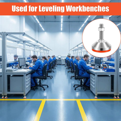 Four Pack Heavy Duty Adjustable Leveling Feet With M12 Thread And 2.36 Inch Base For Workbenches Machines And Cabinets 1300 Lb Capacity Corrosion Resistant Carbon Steel Easy Height Adjustment For Stable Level Surfaces in use in a modern workshop.
