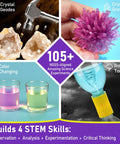 Hands On Science Kit For Kids Aged 8 To 12 With 105 Cool Experiments Including Volcano And Chemistry, STEM Toys For Birthday Gifts, Homeschool Learning, Earth Science And Physics Made Totally Fun image showing crystal geodes, crystal growing, color changing liquids, and bottle tornado experiment.