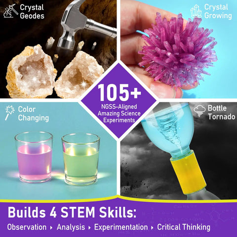 Hands On Science Kit For Kids Aged 8 To 12 With 105 Cool Experiments Including Volcano And Chemistry, STEM Toys For Birthday Gifts, Homeschool Learning, Earth Science And Physics Made Totally Fun image showing crystal geodes, crystal growing, color changing liquids, and bottle tornado experiment.
