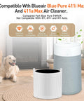 2 Pack Replacement Filters For Blue Pure 411i Max, 411a Max And F4MAX Air Purifier shown with purifier and dog nearby.