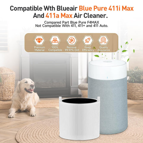 2 Pack Replacement Filters For Blue Pure 411i Max, 411a Max And F4MAX Air Purifier shown with purifier and dog nearby.