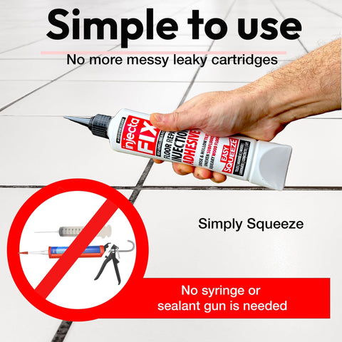 Hand holding Extra Strength Floor Repair Adhesive For Loose Or Hollow Tiles Squeaky Wood And Laminate - Easy Squeeze 10.1 Fl Oz
