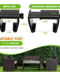 Adjustable Outdoor Furniture Clips For Rattan And Wicker Sectionals, showing size range of 1.1-2.3 inch tubes, patio setup