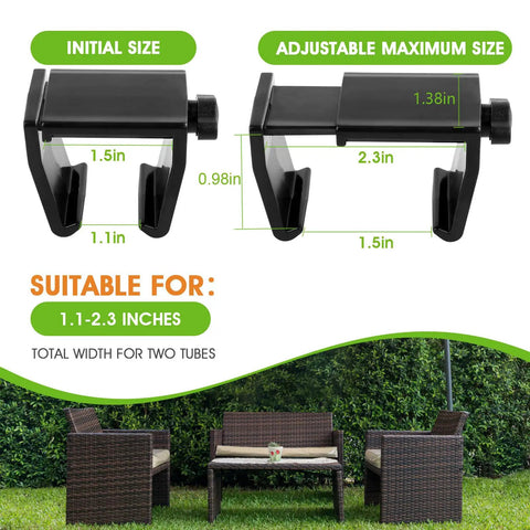 Adjustable Outdoor Furniture Clips For Rattan And Wicker Sectionals, showing size range of 1.1-2.3 inch tubes, patio setup
