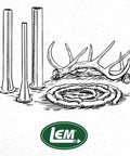 Illustration of sausage stuffer tubes with antlers, coiled sausages, and LEM logo.