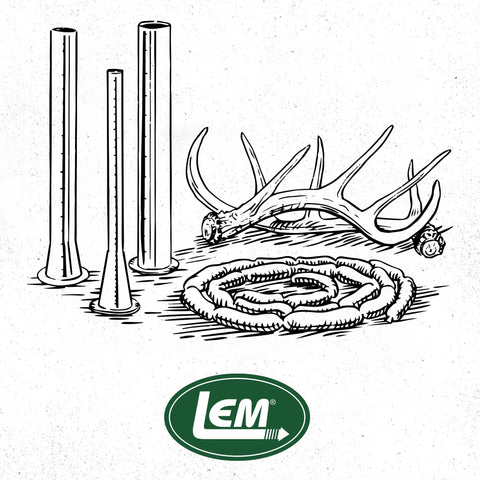 Illustration of sausage stuffer tubes with antlers, coiled sausages, and LEM logo.