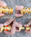 Brass Garden Hose Quick Connect Set With Shutoff Valve, Three Quarter Inch Fittings, showing easy quick connect and disconnect steps.