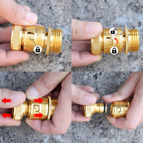 Brass Garden Hose Quick Connect Set With Shutoff Valve, Three Quarter Inch Fittings, showing easy quick connect and disconnect steps.