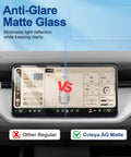 Top Tier Matte Tempered Glass Screen Protector For 2027 Rivian R2 Central Display showing anti-glare features and comparison.