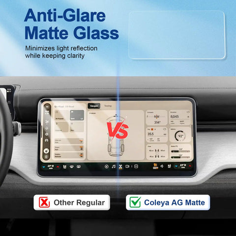 Top Tier Matte Tempered Glass Screen Protector For 2027 Rivian R2 Central Display showing anti-glare features and comparison.