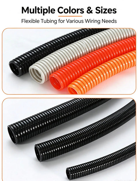 Heavy Duty Flexible Corrugated Conduit For Cable Protection Built From Pa66 Nylon Or Polyethylene, showing various colors and sizes.