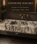 Calacatta Viola Marble Fluted Sink, Hand-Carved Rectangular Bathroom Vanity Basin with visible dimensions, custom size available.