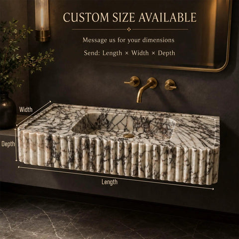 Calacatta Viola Marble Fluted Sink, Hand-Carved Rectangular Bathroom Vanity Basin with visible dimensions, custom size available.