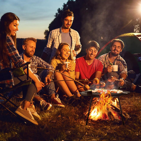 Group of campers using Beefy Campfire Tripod For Cooking Heavy Duty Outdoor Fire Pit Stand Portable Cast Iron Tripod For Dutch Oven Grill Lodge