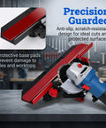 45 Degree Tile Chamfer Jig For 4.5 Inch And 5 Inch Angle Grinders Built Tough Bevel Cutting Tool For Precise Burr Free Tile Edges Easy Tiling Finish Includes Gloves, red clamp-on jig on grinder