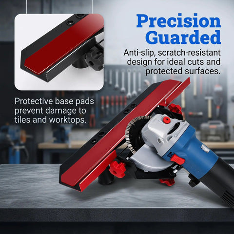 45 Degree Tile Chamfer Jig For 4.5 Inch And 5 Inch Angle Grinders Built Tough Bevel Cutting Tool For Precise Burr Free Tile Edges Easy Tiling Finish Includes Gloves, red clamp-on jig on grinder