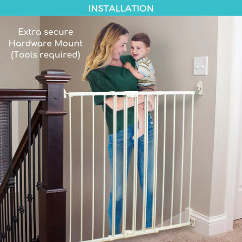 Tall Easy Swing and Lock Baby Gate Series 2 Hardware Mounted Metal Safety Gate for Stairs at top of stairs, gate latched