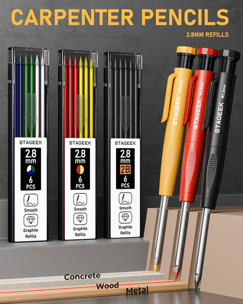 Heavy Duty Carpenter Pencil Set With Rugged Mechanical Leads And Premium 2B Graphite Refills For Woodworkers And DIY Builders featuring colorful refills.