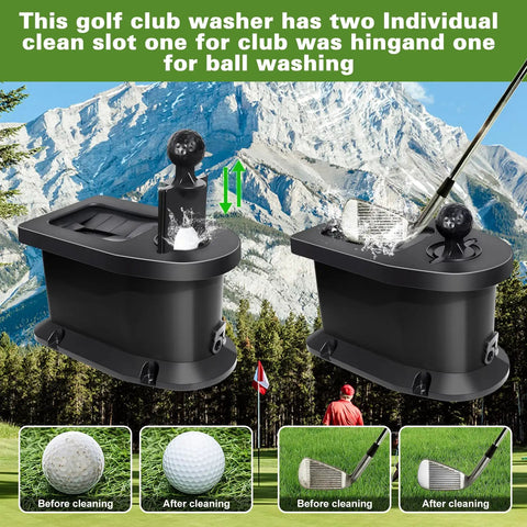 Golf Cart Ball Washer And Club Cleaner Kit With Universal Mounting Bracket shown in mountain setting
