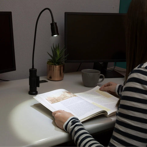 CREE LED Work Light With Magnetic Base And Flexible Gooseneck, 550 Lumens, Portable Lamp on desk illuminating book