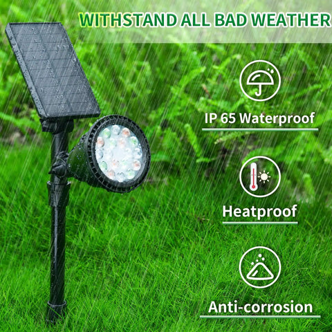 Solar Spotlights Outdoor 600LM Set Of 2 Waterproof Landscape Lights displayed in rain to showcase weather resistance.