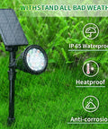 2 Pack RGB Solar Spotlights Outdoor Waterproof Color Changing Landscape Lighting with 9 Lighting Options in rain on lawn