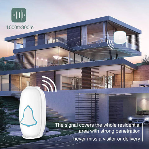 Waterproof Wireless Doorbell With 38 Melodies And LED Flash Easy Install 1000 Foot Range Includes Push Button And Receiver