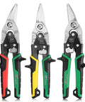 Three Piece Aviation Tin Snips Set With Left Right And Straight Cut For Sheet Metal, Drop Forged Cr-Mo Steel Blades With Serrated Edges