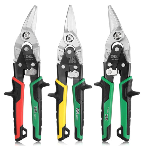 Three Piece Aviation Tin Snips Set With Left Right And Straight Cut For Sheet Metal, Drop Forged Cr-Mo Steel Blades With Serrated Edges