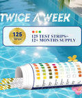 Eight Way Salt Water Pool Test Strips Kit For Pool And Spa Water, 125 Count, packaging with strips shown by blue pool