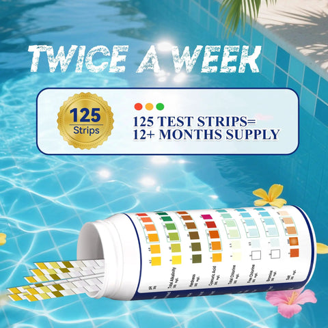 Eight Way Salt Water Pool Test Strips Kit For Pool And Spa Water, 125 Count, packaging with strips shown by blue pool
