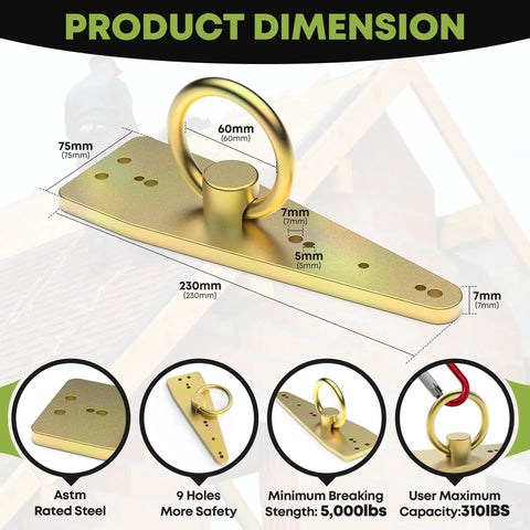 Built Like a Tank Pro Grade Bull Ring Roof Anchor for Fall Protection Zinc Coated Steel safety attachment with dimensions.