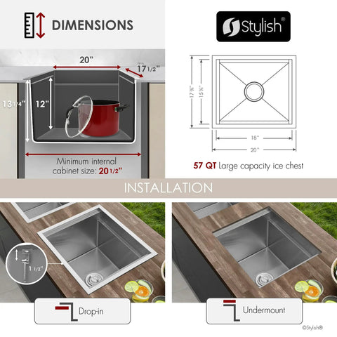 Dimensions and installation options for Badass Hella Insulated Workstation Sink For Outdoor Kitchen Bar Station With Deep Stainless Bowl