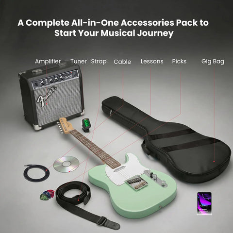 Affinity Telecaster Surf Green Dope Gear Bundle With Frontman 10G Amp Gig Bag Tuner Instrument Cable Strap Picks And Instructional DVD