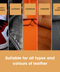 Leather Repair Paint Kit For Furniture And Car Seats 2 In 1 Seal And Color Use On Scratches Tears And Holes Quick Easy Leather Repair With 16 Color Options Dries Flexible And Prevents Future Damage Dark Brown 50 ml shown on various leather types including shoes, clothing, handbags, furniture, and car interiors.