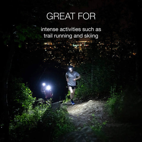 Swift RL Rechargeable Headlamp With Reactive Lighting Technology, 900 Lumens, Blue used on night trail by runners