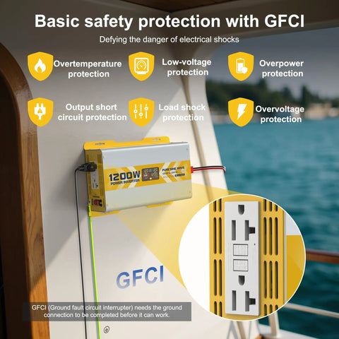 1200W Pure Sine Wave Inverter 12V DC To 120V AC With LCD Display GFCI Outlet shown on wall with safety protection features