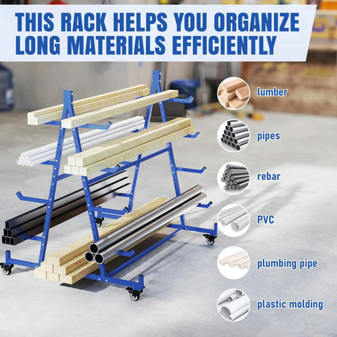Beefy Heavy Duty Lumber Storage Rack With Wheels, 5 Tier Cantilever Design For Long Item Storage, garage setup view