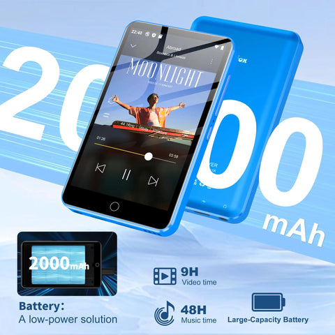 Jam Packed 80GB MP3 Player With Bluetooth And WiFi, 4.0 Inch Screen showcasing music app with 2000mAh battery capabilities.