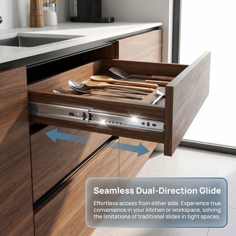 Two Way Drawer Slides Side Mount 4 Pack 12.2 Inch Full Extension Ball Bearing Drawer Runners installed in wooden kitchen drawer