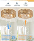 Image showing the reversible wind direction feature of the Retro BoHo Flush Mount Ceiling Fan With Open Caged Design And Integrated Warm Led Lighting.