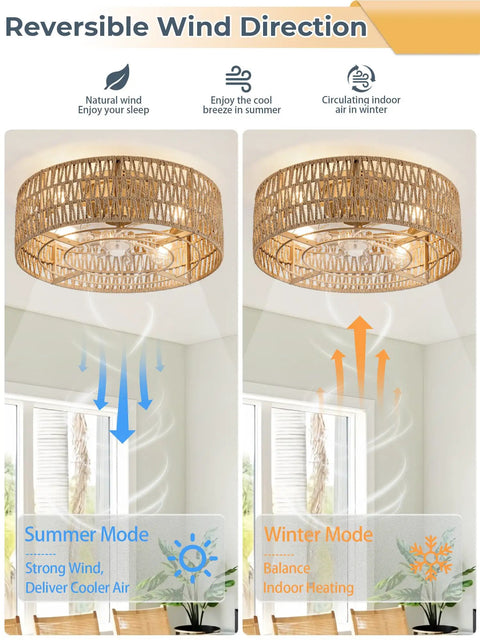 Image showing the reversible wind direction feature of the Retro BoHo Flush Mount Ceiling Fan With Open Caged Design And Integrated Warm Led Lighting.