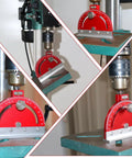 Adjustable Multi Angle Drill Press Protractor Square Guide The Handy Angle Finder With Crystal Clear Scale for Drill Press Table Red shown in various installed positions on a drill press, highlighting its aluminum body and wide angle range.